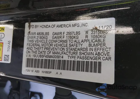 2021 Acura Tlx Technology Package z USA, uszkodzony, nr VIN 19UUB5F45MA005814